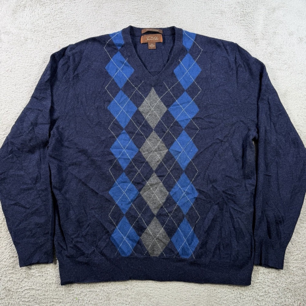 Tasso Elba Sweater Men Large Navy 100% Cashmere Fine Argyle V-Neck Pullover Soft